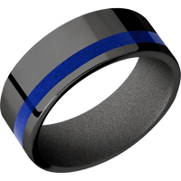 8mm wide Flat Black Titanium Ring with Polish Finish / One 2mm Off Center Lapis Inlay / Gun Metal Grey Cerakote Sleeve