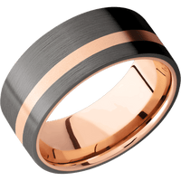 9mm wide Flat Darkened Tantalum Ring with Satin Finish / One 2mm Off Center 14k Rose Gold Inlay with Bead Blast Finish / 14k Rose Gold Sleeve