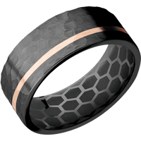 8mm wide Flat Black Zirconium Ring with Hammer Finish / One 1mm Off Center 14k Rose Gold Inlay with Hammer Finish / None Interior Pattern