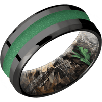 8mm wide Beveled Black Titanium Ring with Polish Finish / One 3mm Centered Squatch Cerakote Inlay / RealTree Timber Camo Sleeve