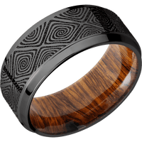 9mm wide Stepped Bevel Black Titanium Ring with Polish Finish / Labyrinth Design / Desert Iron Wood Sleeve