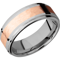 8mm wide Flat Grooved Edges Titanium Ring with Polish Finish / One 4mm Centered 14k Rose Gold Inlay with Hammer Finish
