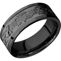 8mm wide Flat Black Zirconium Ring with Polish Finish / Claddagh Celtic Design