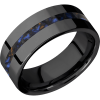 8mm wide Flat Black Titanium Ring with Polish Finish / One 2mm Centered Blue Tigers Eye Inlay