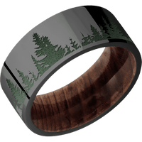 9mm wide Flat Black Zirconium Ring with Polish Finish / Trees Design and Highland Green Cerakote Accents / Sequoia Sleeve