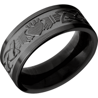 8mm wide Flat Black Titanium Ring with Satin Finish / Claddagh Celtic Design / Ebony Sleeve