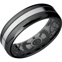 7mm wide Beveled Black Zirconium Ring with Bead Blast Finish / One 2mm Centered Palladium Silver Inlay with Bead Blast Finish and Blue Titanium Cerakote Accents / Gears Interior Pattern