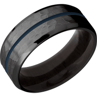 8mm wide Beveled Black Titanium Ring with Hammer Finish / One 1mm Centered Navy Blue Cerakote Inlay / Madagascar Rose Wood Sleeve