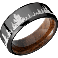 8mm wide Beveled Black Zirconium Ring with Polish Finish / Trees Design and Snow White Cerakote Accents / Koa Sleeve