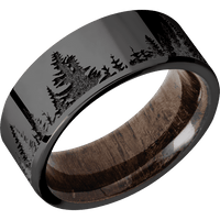 8mm wide Flat Black Titanium Ring with Polish Finish / Trees Design / Walnut Sleeve