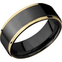 8mm wide Flat Grooved Edges Black Zirconium Ring with Satin Finish / Two 1mm Edge 14k Yellow Gold Inlay with Polish Finish