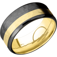 9mm wide Beveled Black Zirconium Ring with Hammer Finish / One 3mm Off Center 18k Yellow Gold Inlay with Hammer Finish / 18k Yellow Gold Sleeve / None Interior Pattern