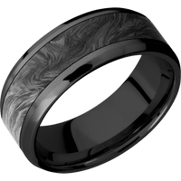 8mm wide Beveled Black Zirconium Ring with Bead Blast Finish / One 5mm Centered Forged Carbon Fiber Inlay