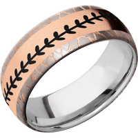 8mm wide Domed Superconductor Ring with Bead Blast Etched Superconductor Finish / One 5mm Centered 14k Rose Gold Inlay with Satin Finish / Baseball Inlay Design and Black Cerakote Inlay Design Accents / Titanium Sleeve