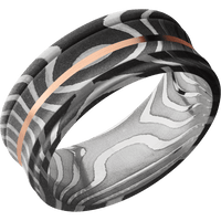 9mm wide Concave Center Round Edges Tiger Damascus Steel Ring with Acid Damascus Finish / One 1mm Centered 14k Rose Gold Inlay with Satin Finish
