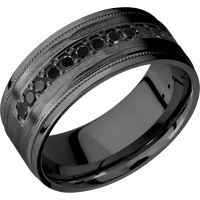 9mm wide Flat Stepped Edges Milgrain Black Titanium Ring with Treebark H Finish / Half Eternity Round .03 carat Black Diamond Bead-Set Gemstones