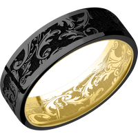 7mm wide Flat Black Titanium Ring with Polish Finish / Black Leaf Design / 10k Yellow Gold Sleeve / Black Leaf Interior Pattern
