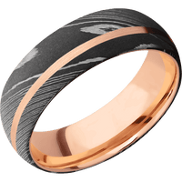 7mm wide Domed Damascus Steel Ring with Acid Damascus Finish / One 1mm Off Center 14k Rose Gold Inlay with Satin Finish / 14k Rose Gold Sleeve