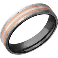 5mm wide Flat Meteorite Ring / One 3mm Centered 14k Rose Gold Inlay with Sand Blast Finish / One 1mm Centered 18k White Gold Inlay with Satin Finish / Black Zirconium Sleeve