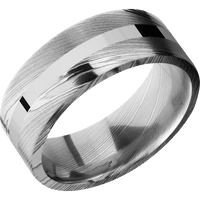 8mm wide Flat Damascus Steel Ring with Polish Damascus Finish / One 2mm Centered 14k White Gold Inlay with Polish Finish