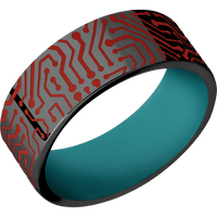 8mm wide Flat Black Titanium Ring with Polish Finish / Computer Chip Design and Red Apple Cerakote Accents / Teal Cerakote Sleeve