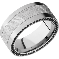 9mm wide Flat 10k White Gold Ring with Satin Finish / Side Eternity Round .01 carat Black Diamond Bead Channel-Set Gemstones / One 5mm Centered Meteorite Inlay
