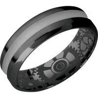 7mm wide High Bevel Black Titanium Ring with Satin Finish / One 2mm Centered Crushed Silver Cerakote Inlay / None Interior Pattern