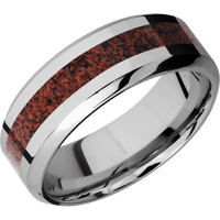 8mm wide High Bevel Titanium Ring with Polish Finish / One 3mm Centered Red Dinosaur Bone Inlay