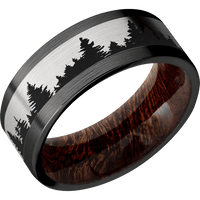 8mm wide Flat Black Titanium Ring with Satin Finish / One 5mm Centered 18k White Gold Inlay with Satin Finish / Trees Inlay Design and Black Cerakote Inlay Design Accents / Sapele Sleeve