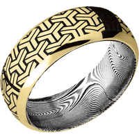 8mm wide Domed Bevel 14k Yellow Gold Ring with Polish Finish / Geoweave Design and Black Cerakote Accents / Tightweave Damascus Steel Sleeve