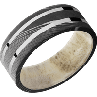 8mm wide Flat Damascus Steel Ring with Acid Damascus Finish / Two 1mm Centered 14k White Gold Inlay with Polish Finish / Antler Sleeve