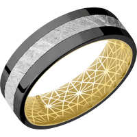 7mm wide Flat Black Titanium Ring with Polish Finish / One 3mm Centered Meteorite Inlay / 18k Yellow Gold Sleeve / None Interior Pattern