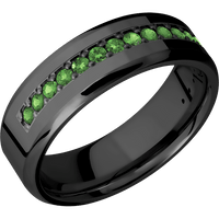 7mm wide Beveled Black Titanium Ring with Polish Finish / Half Eternity Round .03 carat Green Diamond Bead-Set Gemstones