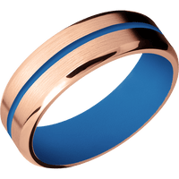 7mm wide Beveled 14k Rose Gold Ring with Satin Finish / One 1mm Centered Sea Blue Cerakote Inlay / Sea Blue Cerakote Sleeve