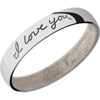 4mm wide Domed 14k White Gold Ring with Polish Finish / Hand Writing Design / Antler Sleeve