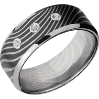 8mm wide Beveled Flattwist Damascus Steel Ring with Acid Damascus Finish / Two 1mm Edge Palladium Silver Inlay with Polish Finish / 3 Round .03 carat Standard Lab Grown Diamond Bezel-Set Gemstones