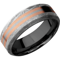 8mm wide High Bevel Meteorite Ring / One 3mm Centered 18k Rose Gold Inlay with Sand Blast Finish / One 1mm Centered 18k White Gold Inlay with Sand Blast Finish / Black Zirconium Sleeve