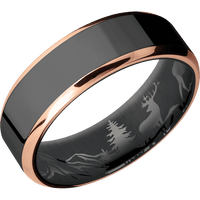 7mm wide Beveled Black Titanium Ring with Polish Finish / Two 1mm Edge 18k Rose Gold Inlay with Polish Finish / Bear Moose Deer Mountain Interior Pattern