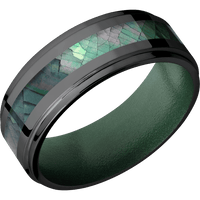 8mm wide Flat Grooved Edges Black Titanium Ring with Polish Finish / One 3mm Centered Black Mother of Pearl Inlay / Eastern Green Cerakote Sleeve