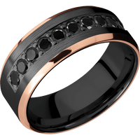8mm wide Beveled Black Zirconium Ring with Satin Finish / Two 1mm Edge 14k Rose Gold Inlay with Polish Finish / Half Eternity Round .07 carat Black Diamond Bead-Set Gemstones