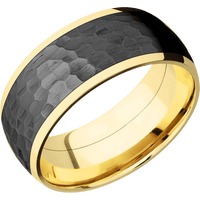 9mm wide Domed 10k Yellow Gold Ring with Polish Finish / One 7mm Centered Black Zirconium Inlay with Hammer Finish