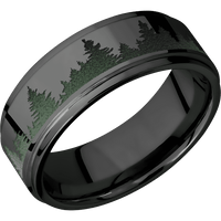 8mm wide Flat Grooved Edges Black Zirconium Ring with Polish Finish / Trees Design and Highland Green Cerakote Accents