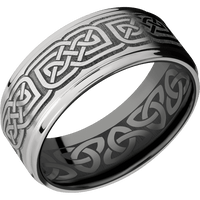 9mm wide Flat Grooved Edges 10k White Gold Ring with Satin Finish / Celtic 17 Design / Black Zirconium Sleeve / None Interior Pattern