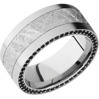 9mm wide Flat 14k White Gold Ring with Bead Blast Finish / Side Eternity Round .01 carat Black Diamond Bead Channel-Set Gemstones / One 5mm Centered Meteorite Inlay