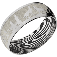 8mm wide Domed 10k White Gold Ring with Satin Finish / Wolf Mountain Design / Sunset Damascus Steel Sleeve