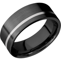 8mm wide Flat Black Titanium Ring with Satin Finish / One 1mm Off Center Palladium Silver Inlay with Satin Finish