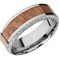 8mm wide High Bevel 10k White Gold Ring with Polish Finish / Bevel Eternity Round .01 carat Diamond Bead-Set Gemstones / One 4mm Centered Koa Inlay