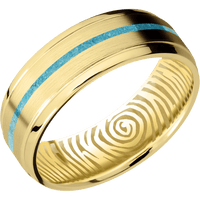 7mm wide Stepped Bevel 14k Yellow Gold Ring with Satin Finish / One 1mm Centered Turquoise Inlay / None Interior Pattern
