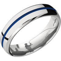 6mm wide Domed Bevel Cobalt Chrome Ring with Polish Finish / One 1mm Centered Royal Blue Cerakote Inlay / None Interior Pattern