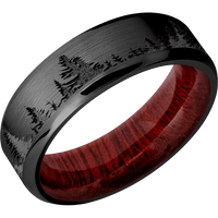 7mm wide Beveled Black Titanium Ring with Satin Finish / Trees Design / Blood Wood Sleeve